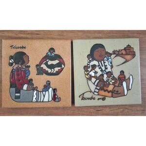 TWO Cleo Teissedre Native American Storyteller Hand Painted Ceramic Tiles EUC!!!